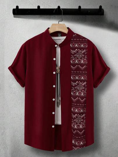 SHEIKH CART ARTICLE #4040 Burgundy Mandarin Collar Shirt with Patterned Detail